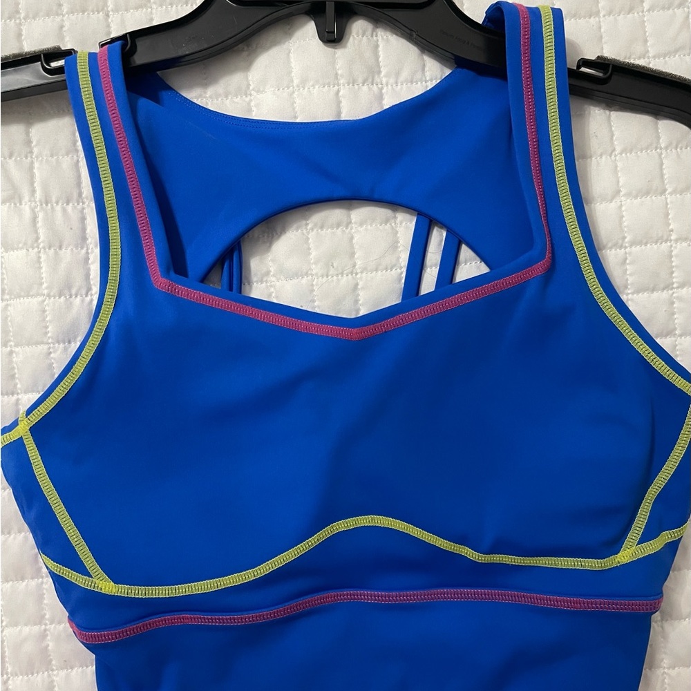 BuffBunny Blue Crop Top with Pink and Yellow Accents